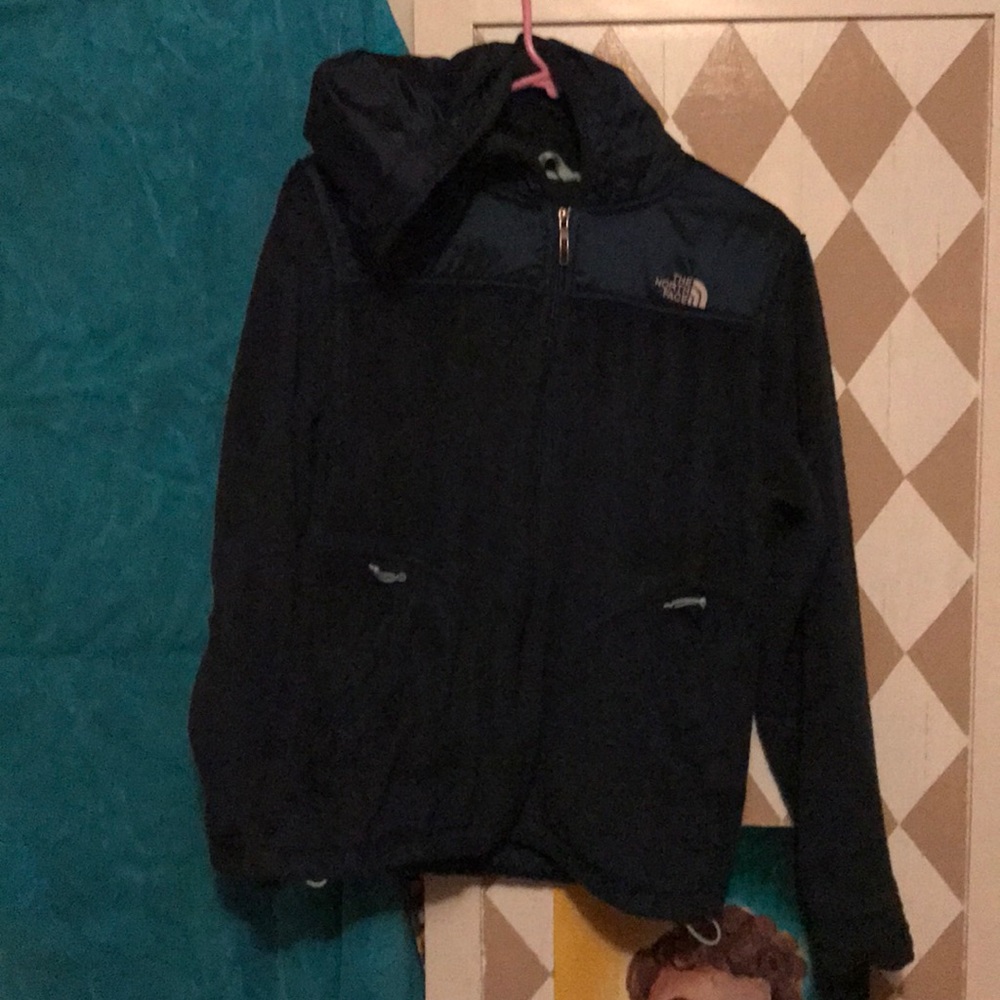 Dark green north face hooded fleece jacket